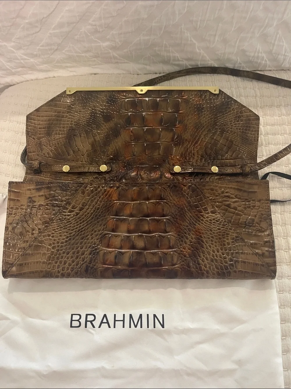 Brahmin Brown Croc-Embossed Leather Clutch with Gold Bar